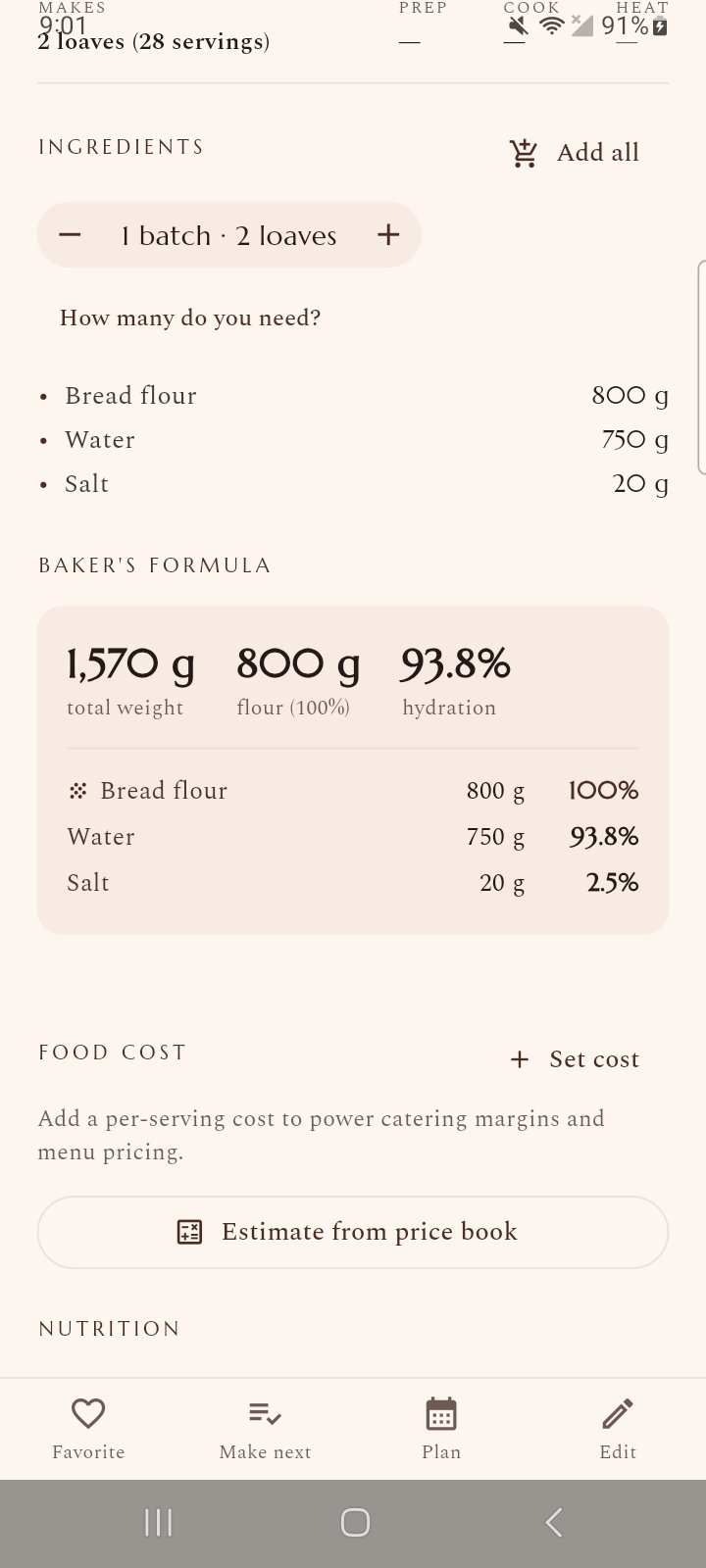 Baker’s formula — weights and percentages together