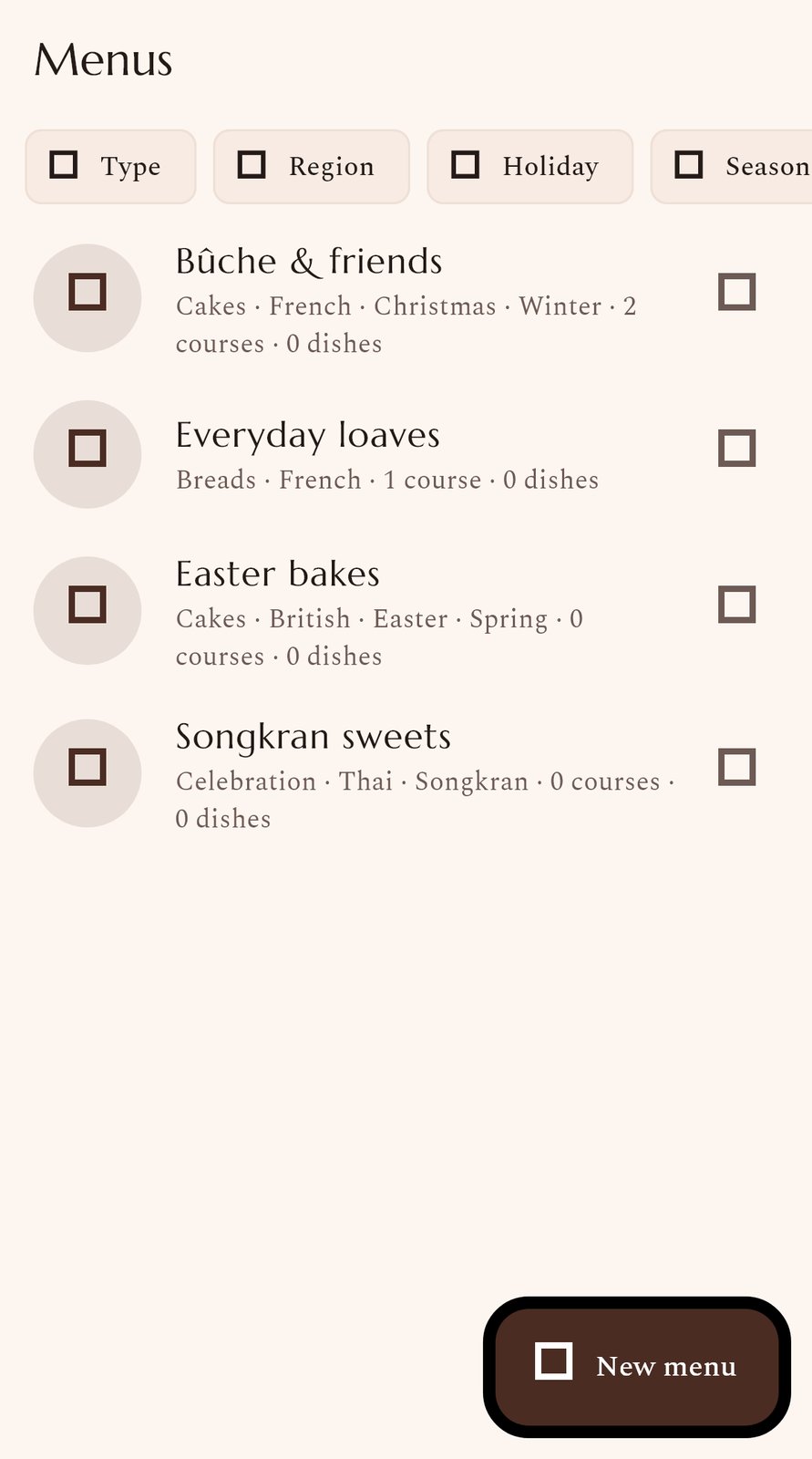 Menus filtered by type, region, and holiday