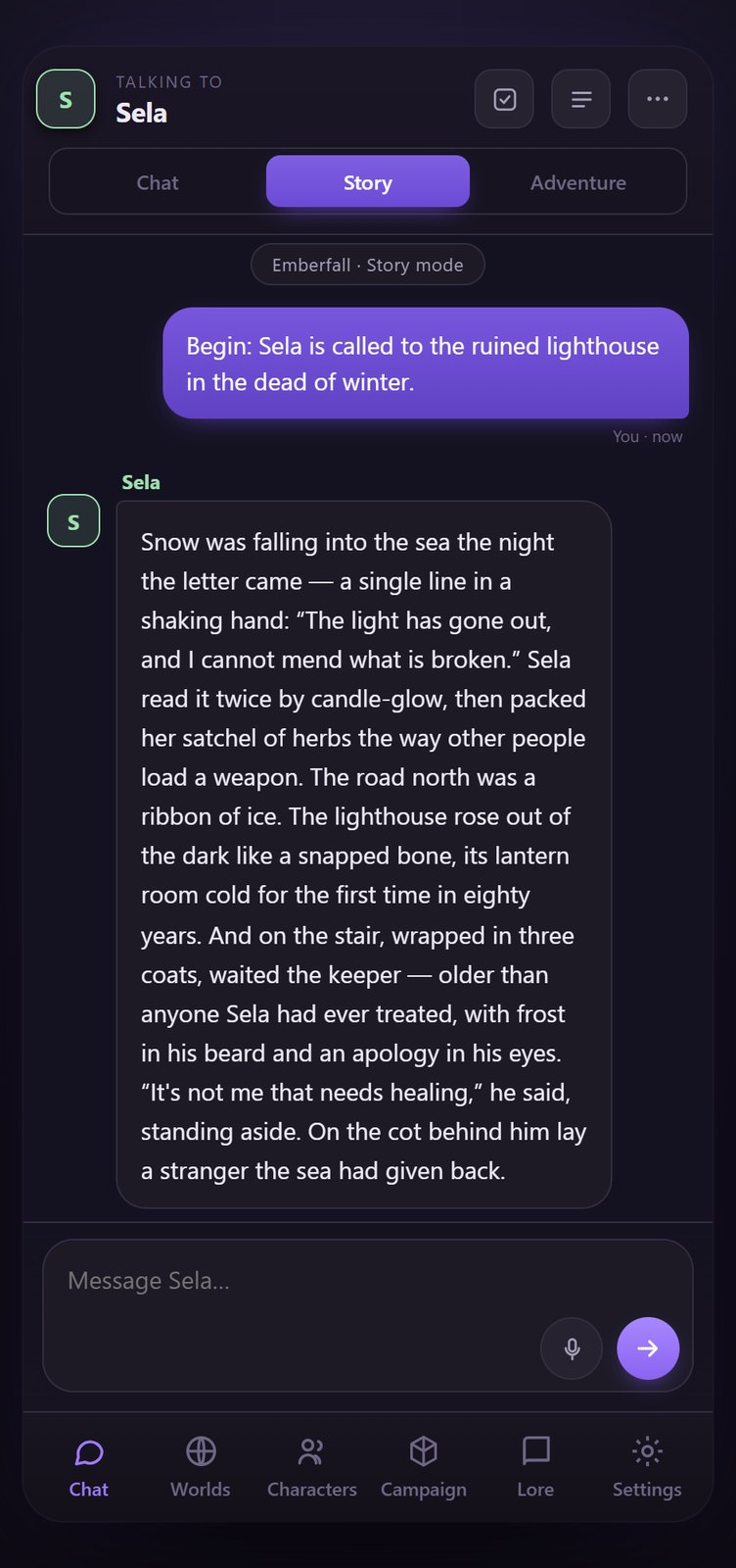 Story mode — write alongside your characters