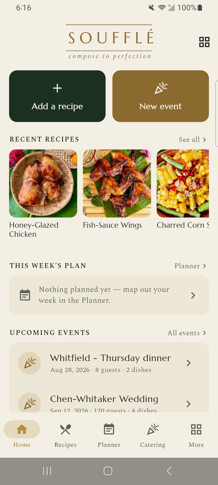 Everything on today — recipes, plan, and upcoming events