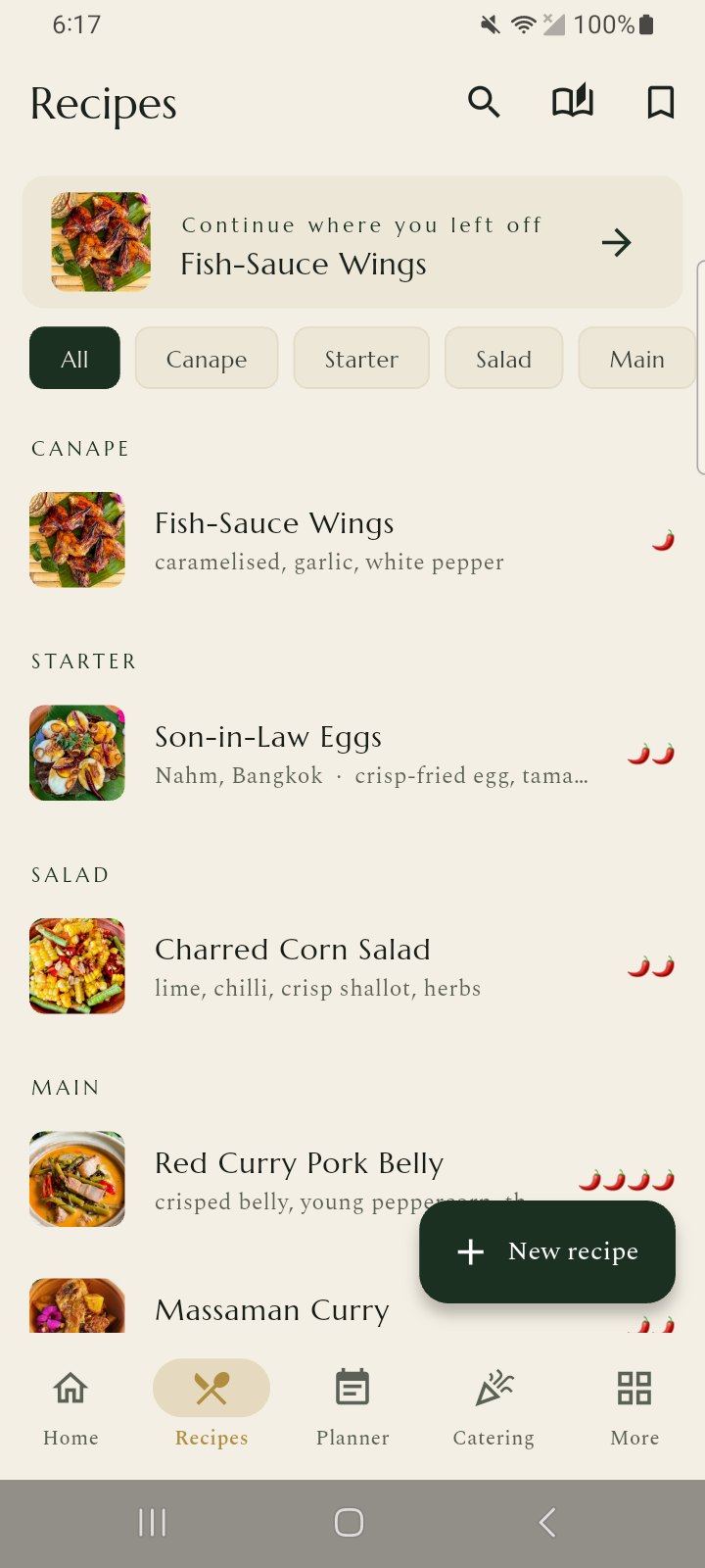 Recipes organised by course, with heat levels at a glance