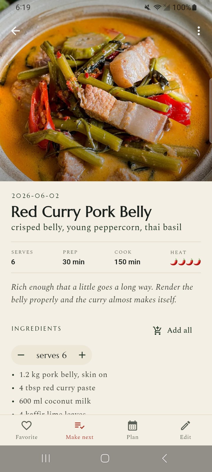 Serves-N rescales every ingredient as you change it