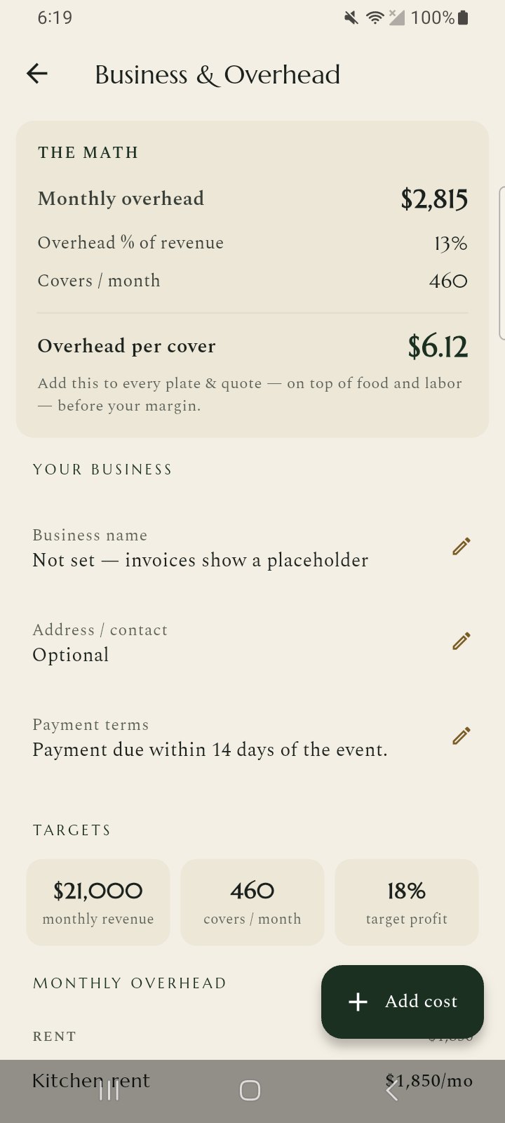 Overhead per cover — the number to add to every quote