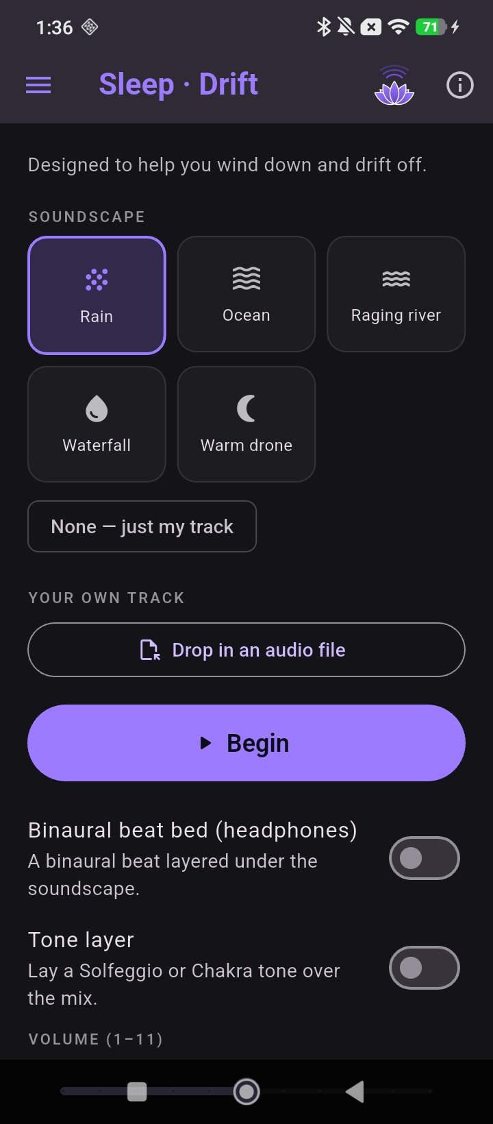 Sleep — soundscapes with a fade-to-silence timer