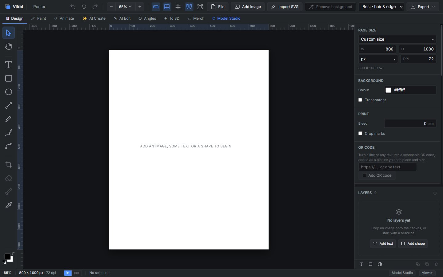 The canvas — add an image, some text, or a shape to begin