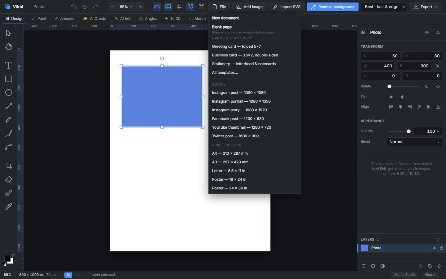 New document — social sizes, print sizes, cards and stationery